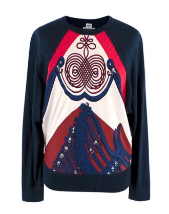 Herm&egrave;s Navy Patterned Cashmere & Silk Jumper Size XS