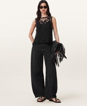 AllSaints Polyester Rye Embroidered Sleeveless Top, Size: UK 14/US 10