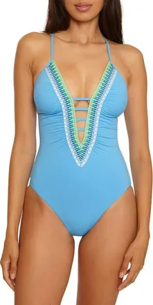 BECCA by Rebecca Virtue Fiesta Plunge One-Piece Swimsuit in Sky Blue at Nordstrom, Size Medium