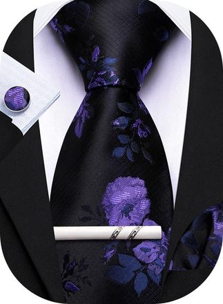 Barry.Wang Mens Purple Black Tie Floral Silk Necktie Handkerchief Cufflinks Set Formal Party Wedding
