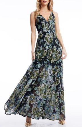 Dress The Population Ariyah Floral Sequin A-Line Gown in Black Multi at Nordstrom, Size Medium