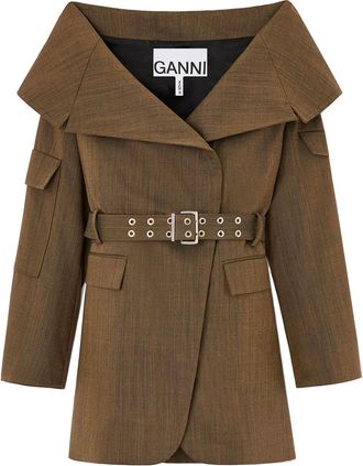 Ganni Light Wool Melange Open Collar Blazer
