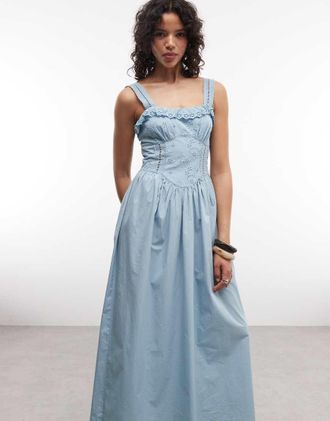 Reclaimed Vintage Vestito estivo lungo blu con cuciture in pizzo e dettaglio sul busto