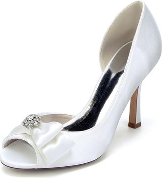 Generic Wedding Heels Womens Rhinestones Bridal Shoes Peep Toe Stiletto Pumps Satin Evening Party Prom Dress Pumps 9.5Cm,Ivory,10 UK
