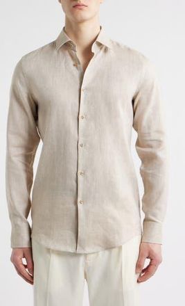 BOSS Hank Slim Fit Slub Linen Button-Up Shirt in Lt Bge at Nordstrom Rack, Size 15