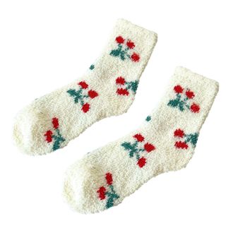 Generic Coral Fluffy Socks for Women Girls Cute Thermal Funny Fruit Patterned Bed Ladies Slipper Soft Fuzzy Winter Comfy Warm Suitable Indoor Home House Floor