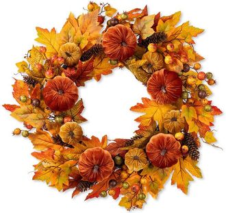 Glitzhome Handmade Fall Velvet Pumpkin, Pinecone & Berry Wreath