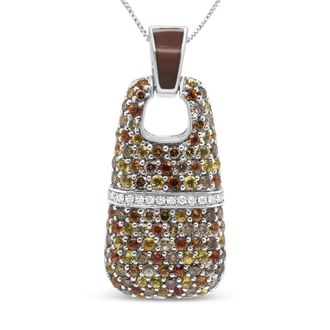 House of Brilliance 925 Sterling Silver Brown Enamel 1 Cttw White and Brown Diamonds and 1.5mm Yellow and Orange Sapphire Gemstones Statement 18 Pendant