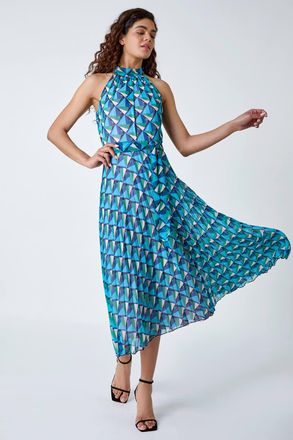 Roman Geometric Halterneck Midi Dress