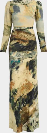 Libertine - Libertine Modernist Landscape Belted Long-Sleeve Maxi Dress