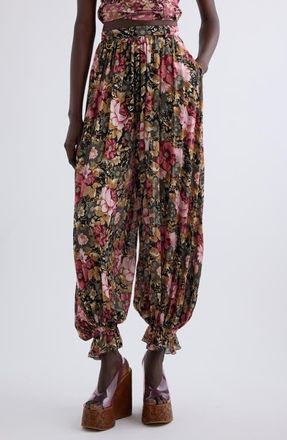 Chloé Floral Print Silk Crop Pants in Black at Nordstrom, Size 10 Us