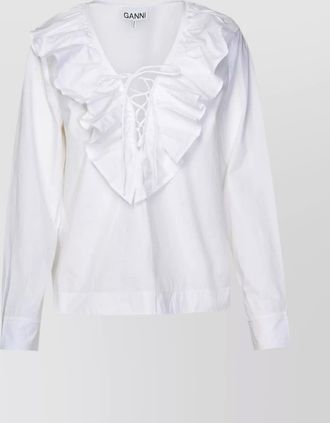 Ganni cotton ruffled v-neck blouse