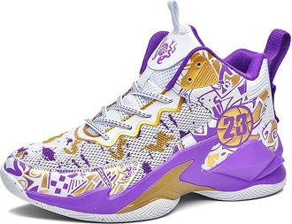 Generic Unisex Basketball Shoes with High Top Mesh Breathable Anti Slip Wear-Resistant Practical Sports Walking Shoes(White Purple,5.5 UK)