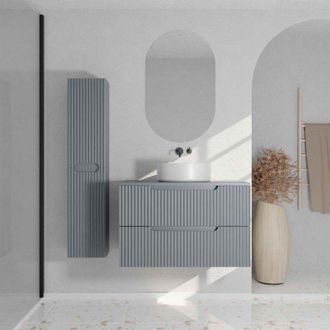 Aurlane Mueble De Ba&ntilde;o 80 Y Columna Leon Gris Rat&oacute;n - Frentes Ondulados - Lavabo 36