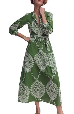 Boden Ava Embroidered Long Sleeve Cotton Midi Dress in Green Broderie at Nordstrom, Size 8