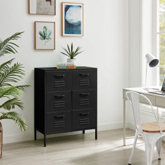 Furniturebox Teksi Modern Metal 6 Drawer Sideboard in Black