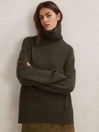 Reiss Khaki Green Petite Wool-cashmere Roll-neck Jumper, XL
