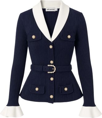 Self Portrait Ribbed Knit Cardigan with Contrast Collar and Pearl Accents