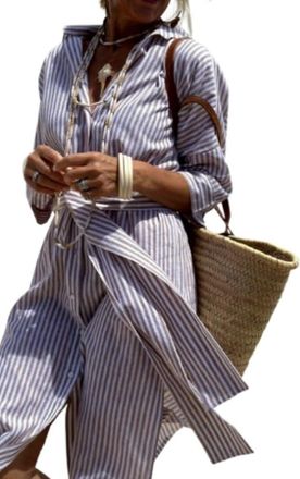 Generic Summer Women Casual Shirt Dress, Lapel 3/4 Sleeve, Button Down Split, Classic Striped Lace-Up Shirt Dress Grey