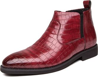 Generic Mens Chelsea Boots Side Zipper Slip On Stylish Dress Boots Crocodile Pattern PU Leather Low Heel Ankle Boots,Burgundy,8 UK