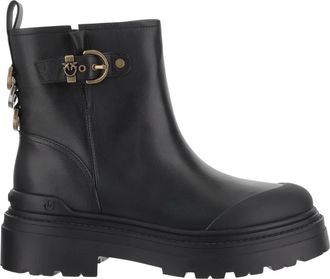 Pinko Zwarte Leren Enkellaarzen met Metalen Detail - Dames - Enkellaarsjes - Zwart - 40 EU - Leer - Schoenen