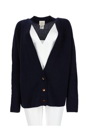 Alysi Navy V-Neck Cardigan Sweater With Ribbed Detailing
