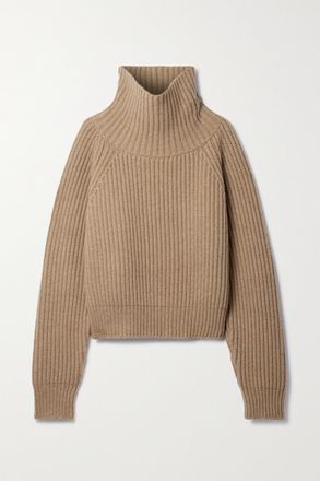 Khaite Pullover A Collo Alto In Cashmere A Coste Lanzino - Marrone