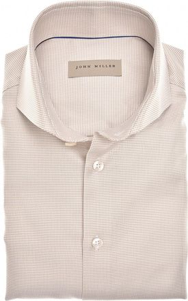 John Miller overhemd beige geprint Tailored Fit strijkvrij