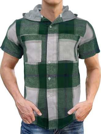 Generic Mens Hooded Shirt Plaid Hoodie Checked Casual Shirt Long Sleeve Casual Traditional Lumberjack Shirts Button Down Checked Shirt Men Short Sleeve with H