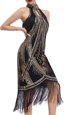 Generic 1920s Vintage Tassels Flapper Dress Sequin Fringed Dress Ballroom Dance Sling Skirt Great Gatsby Dresses Sleeveless Midi Costume Halter Neack Glitter 