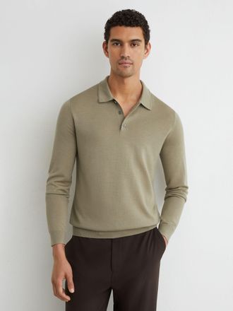 Reiss Soft Olive Green Merino Wool Long-sleeve Polo Shirt, Xxl