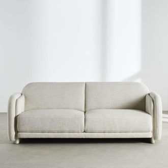 Maisons du monde Sof&aacute; de 3/4 plazas de tejido de poli&eacute;ster tramado beige con respaldo alto