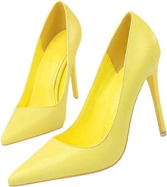 Generic Women Soft Leather High Heel Pumps Pointed Toe Slip On Office Wedding Party Shoes Yellow