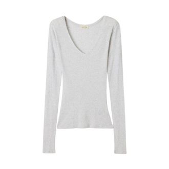 American Vintage Truien & Vesten, Dames, Grijs, S, Katoen, Massachusetts V-hals T-shirt met lange mouwen