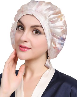 LilySilk 100% Pure Mulberry Silk Sleep Cap for Hair Care Women 19 Momme, Natural Silk Bonnet for Sleeping, Soft Hair Wrap Elastic Stay on Head-Pink-Purple Wate