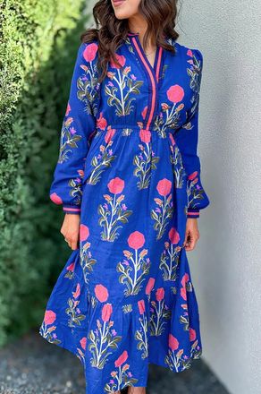 Azura Exchange Womens Floral Print Long Sleeve Dress - Medium Blue - Size X-Large