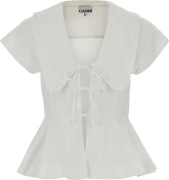 Ganni White Ruffled Collar Top