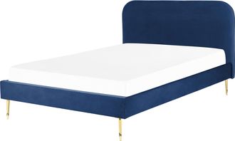 Beliani Cama Con Somier De Terciopelo Azul Marino Dorado 140 X 200 Cm Patas Metal Flayat