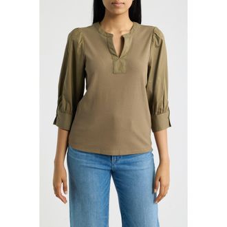 Wit & Wisdom Mixed Media Puff Sleeve Top in Golden Olive at Nordstrom, Size X-Large