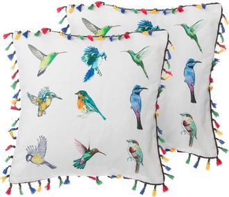 Beliani Conjunto De Cojines Decorativos Con Estampado De P&aacute;jaros Multicolor 45 X 45 Cm Decoraci&oacute;n Moderna Con Borlas Mallow