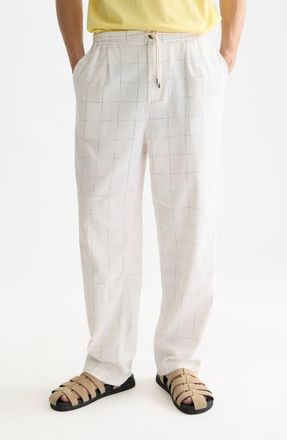 Scotch & Soda Pleated Relaxed Straight Fit Cotton & Linen Blend Pants in Bright White /Blue Check at Nordstrom, Size Xx-Large