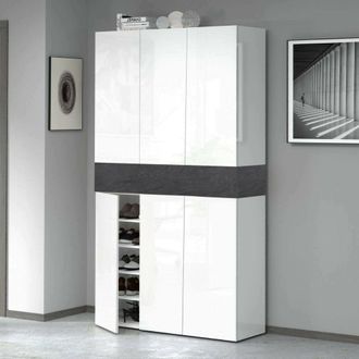 Dmora Zapatero Marzio, Zapatero Que Ahorra Espacio Con 7 Puertas, Armario De Entrada Multifuncional, 114x38h200 Cm, Blanco Y Antracita, Con Embalaje Reforza