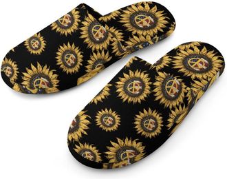 Generic Peace Sign U.S. Flag Sunflower Mens Cotton Slippers Memory Foam Comfort House Shoes Winter Indoor Slipper for Hotel Casa Spa