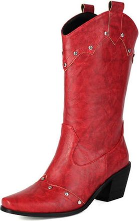 Generic Womens Western Cowboy Boots with Studded Detailing Pointed Toe Mid Block Heels Faux Leather Casual Fashion Boots,Red,6.5 UK