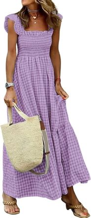 Generic Womens Retro Plaid Smocked Dress Spaghetti Strap Flounce Long Dress, Square Neck Flowy A-line Boho Beach Sundress (Purple,M)