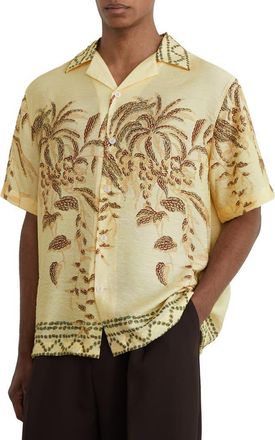 Reiss Camino Embroidered Camp Shirt in Yellow at Nordstrom, Size X-Large