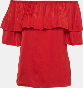 Maje Red Satin Plisse Ruffled Top