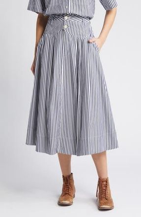 The Great. The Field Stripe Cotton Midi Skirt in Navy Studio Stripe at Nordstrom Rack, Size 1 (Fits Like 4-6 Us)