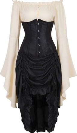 Grebrafan Satin Corset Pirate Skirt with Blouse Steampunk 3 Piece Underbust Corsets Costume (UK(20-22) 5XL, Black)