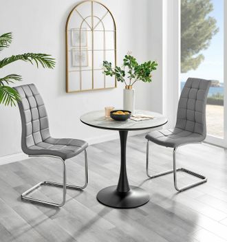 Furniturebox Elina White Marble Effect Scratch Resistant Dining Table & 2 Murano Faux Leather Chairs in Grey